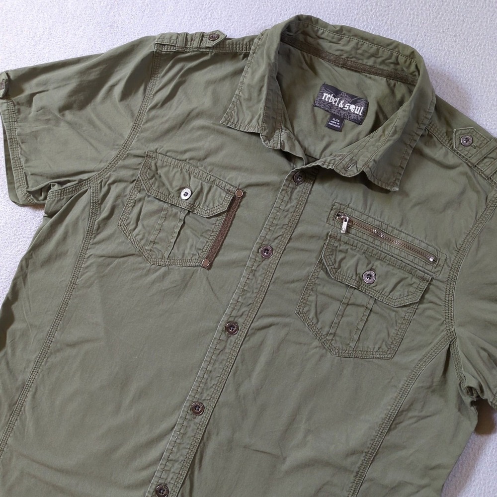 Rebel & Soul Button Up Shirt Mens XL Green Short Sleeve Utility Epaulettes